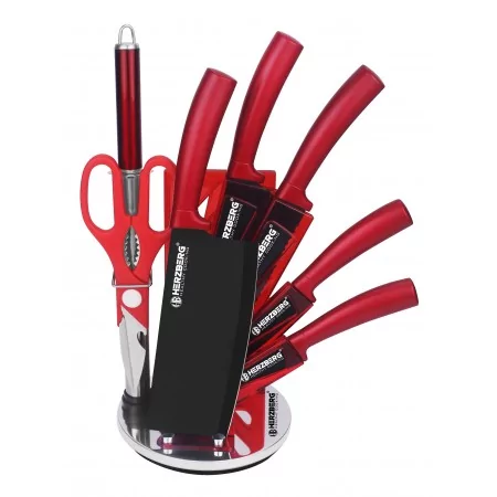 Herzberg HG-MSN8RD: Ensemble de 8 couteaux avec support en acrylique - Rouge